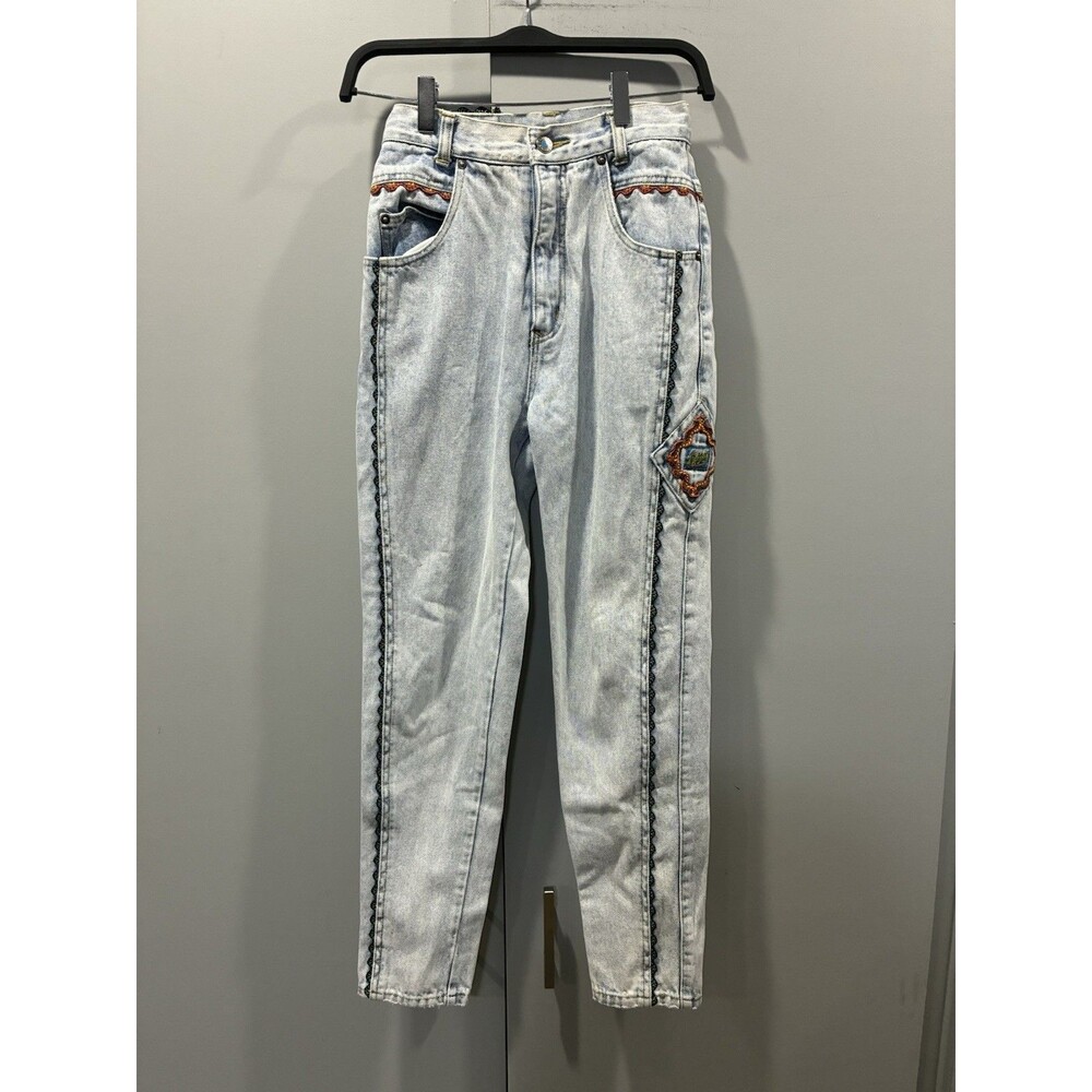 Vintage Y2K Acid Wash Western Jeans Rainbow Trim High Rise Tapered Mom Size 5/6